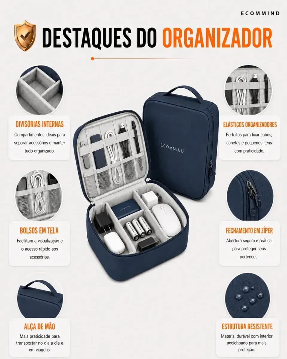 Bolsa Organizadora De Cabos Eletrônicos Extra Grande Estojo Case Bag Viagem Porta Carregador Fios ECOMMIND Azul Escuro — imagem 4