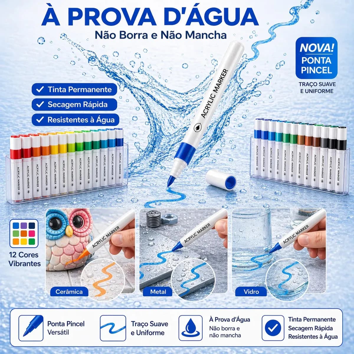 Caneta Marcadora Acrílica 36 Cores Canetinha Ponta Pincel Profissional Para Desenho Pintura Colorir Artesanato Madeira Vidro Plástico Metal Resina Scrapbook Mar — imagem 4