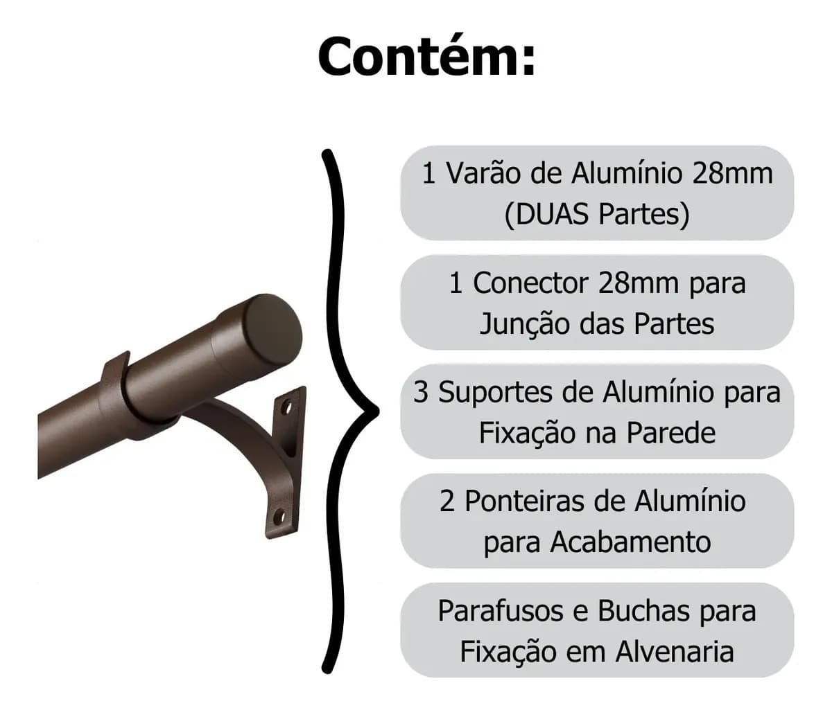 Kit Varão 28mm Com 2,30m Cortina Ilhós/argola 100% Alumínio Marrom — imagem 3