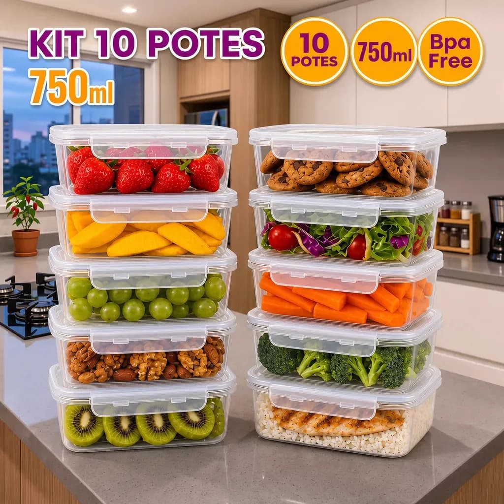 Kit 10 Potes 750ml com Tampa Trava Plástico Transparente para Mantimentos e Alimentos Marmita Organizador de Cozinha Geladeira e Freezer Jogo de Potes para Orga