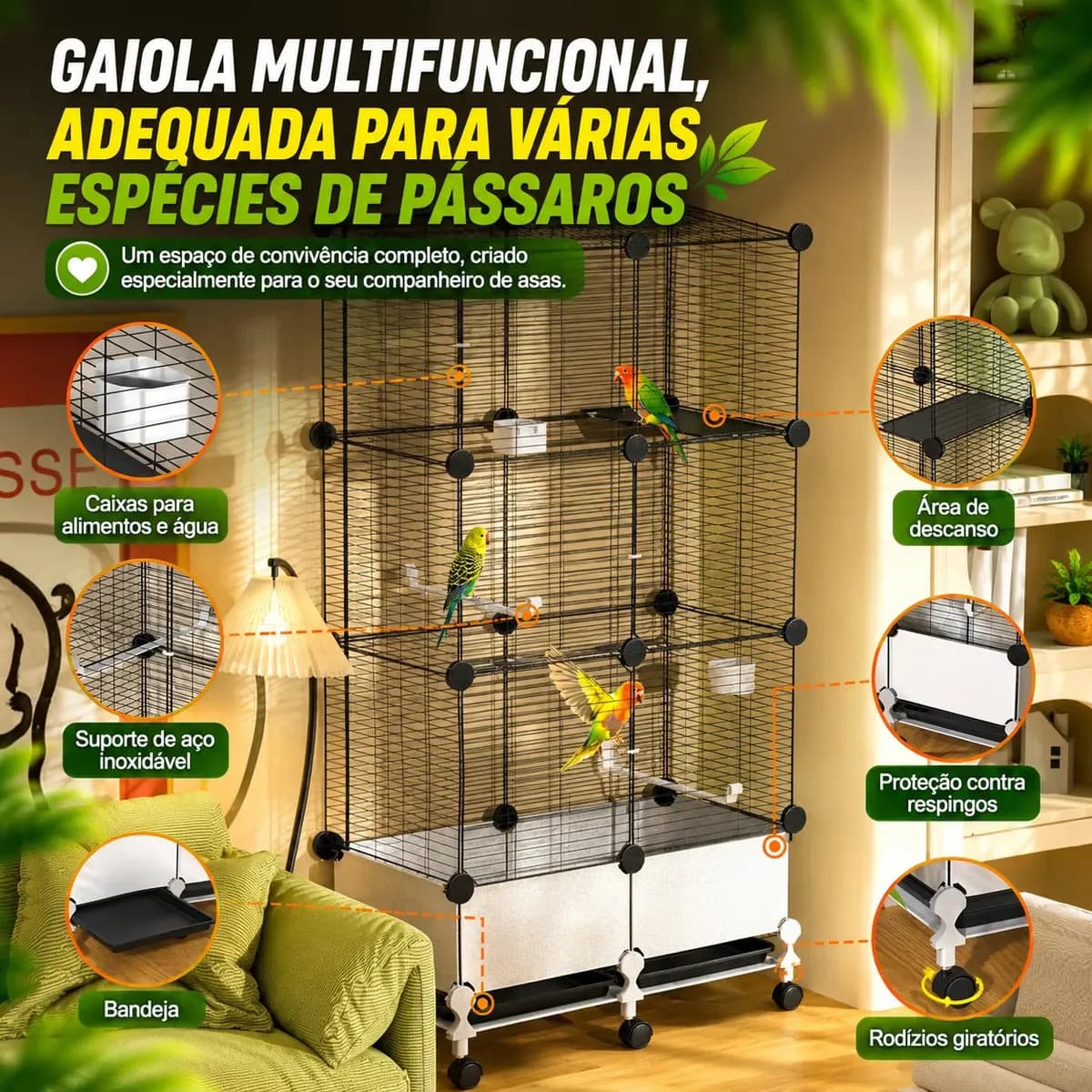 Viveiro Grande Para Calopsita Papagaio Ringneck Agapornis Periquito Maritaca Gaiola Luxo Com Rodízios Bandeja Removível Estrutura Metálica Espaço Amplo 139cm Pa — imagem 2