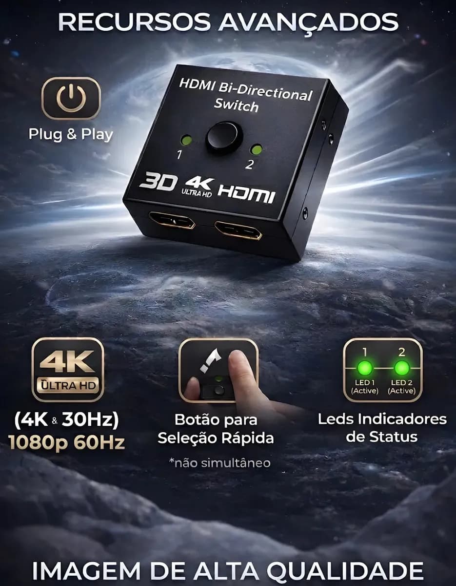 Chaveador Switch Hdmi 2x1 E 1x2 Bi-direcional 4k Ultra Hd 3d Transmissão Imagem Som Splitter Duplicador Hdmi Marca Inv Tech — imagem 6