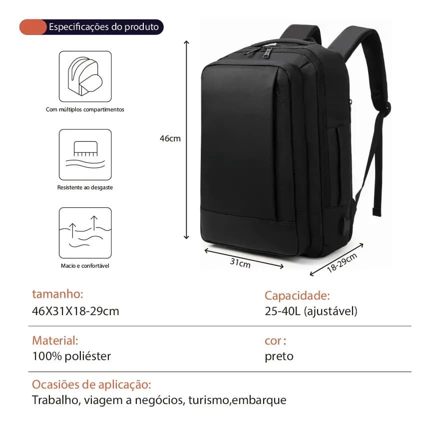Mochila Dos Homens Com Faixa Impermeável Para Expansão Preto Liso — imagem 2
