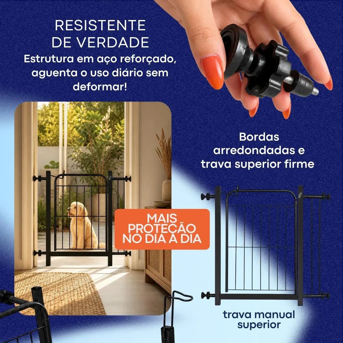 Portão Segurança Preto Pet Cachorro Crianca Ajustavel de 68 A 83cm Sem Furo Grade aramado 69cm de altura Açomix — imagem 3