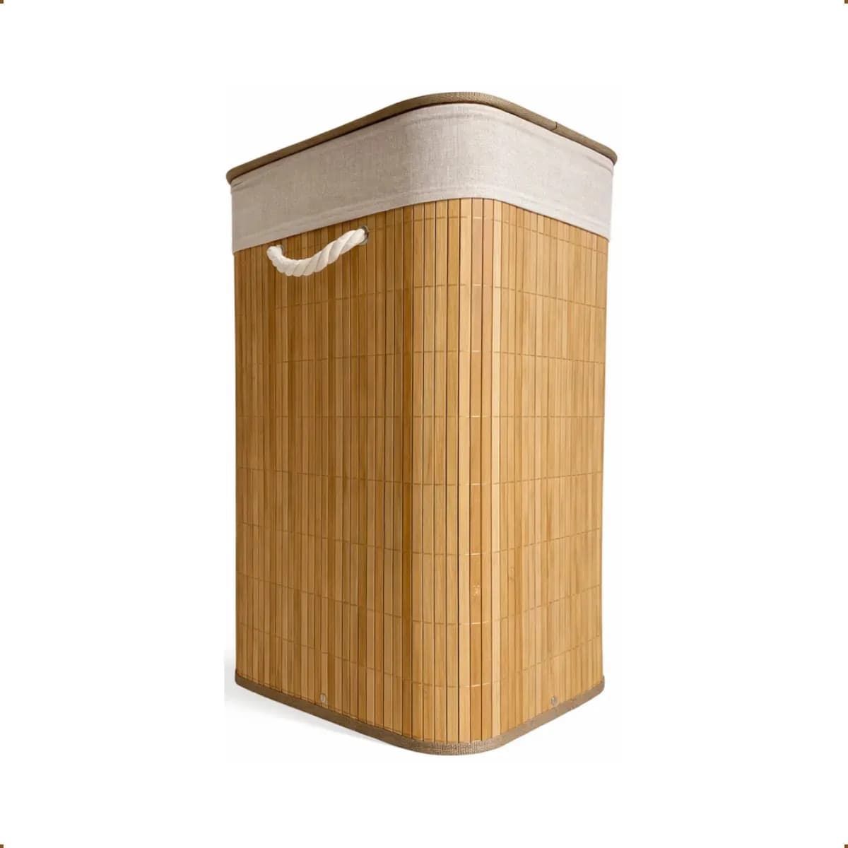 Cesto de Roupa Bambu Retangular de 72L com Tampa e Forro de Linho — imagem 4