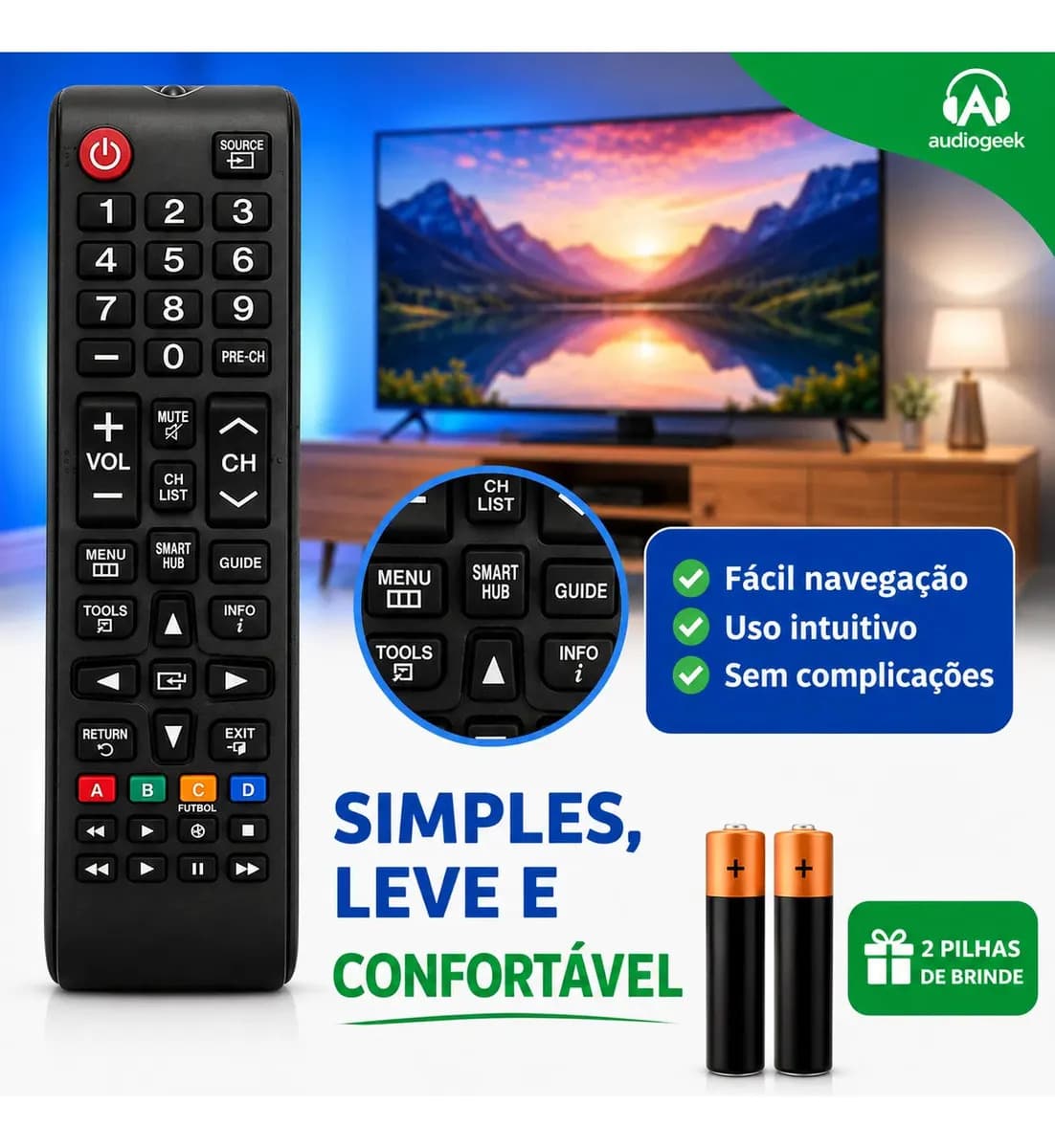 Controle Remoto Para Tv Samsung Smart Hub + 2 Pilhas Audiogeek — imagem 3