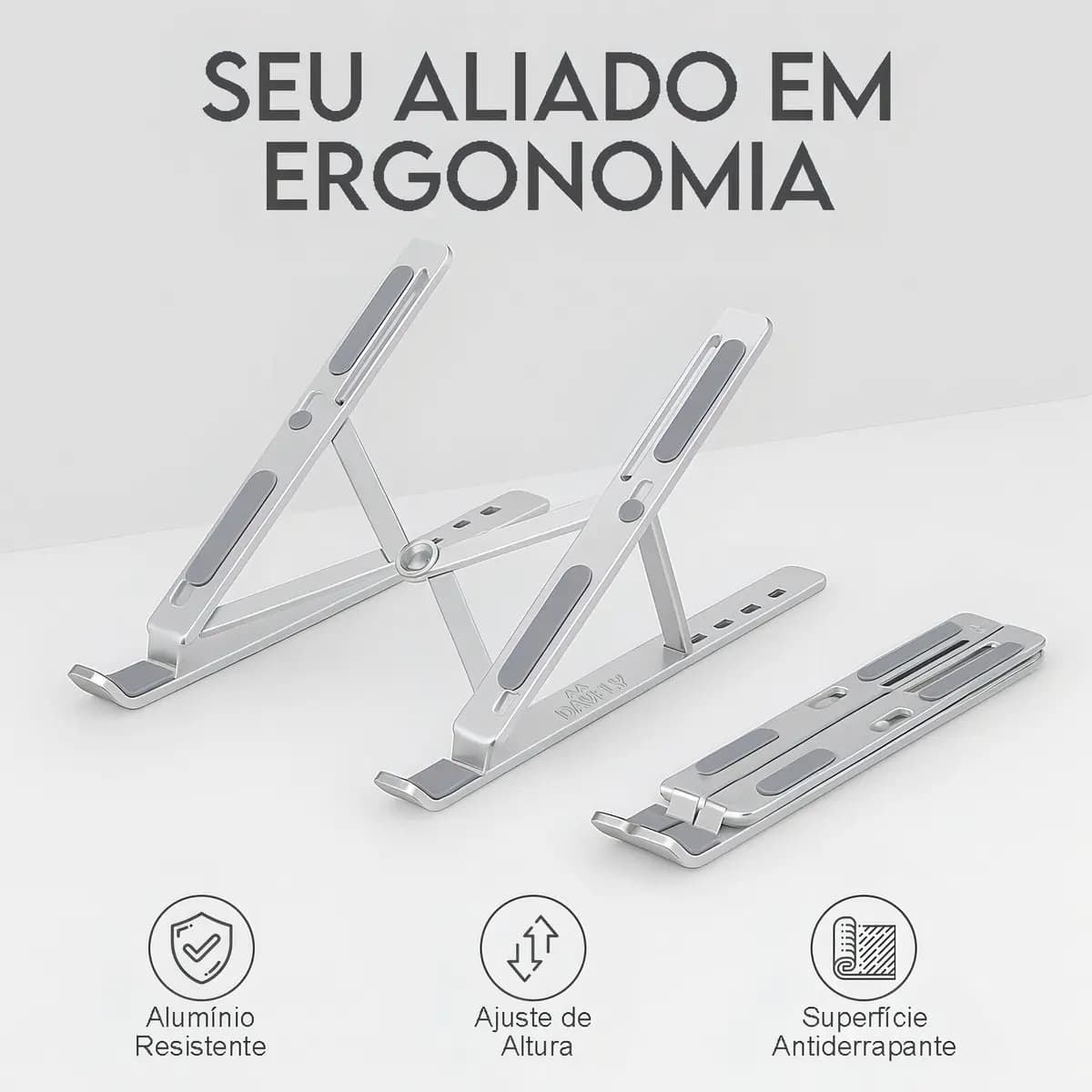 Suporte Para Notebook e Macbook de Alumínio Dobrável Prateado Ajuste de Altura e Inclinação Confortáve Base Antiderrapante Portátil Articulado Reforçado Ergonom — imagem 4