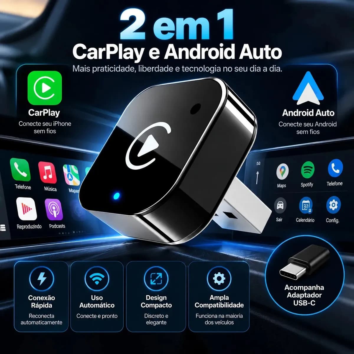Adaptador CarPlay Sem Fio Android Auto 2 Em 1 USB Wireless Car Play Automático Liggi — imagem 3