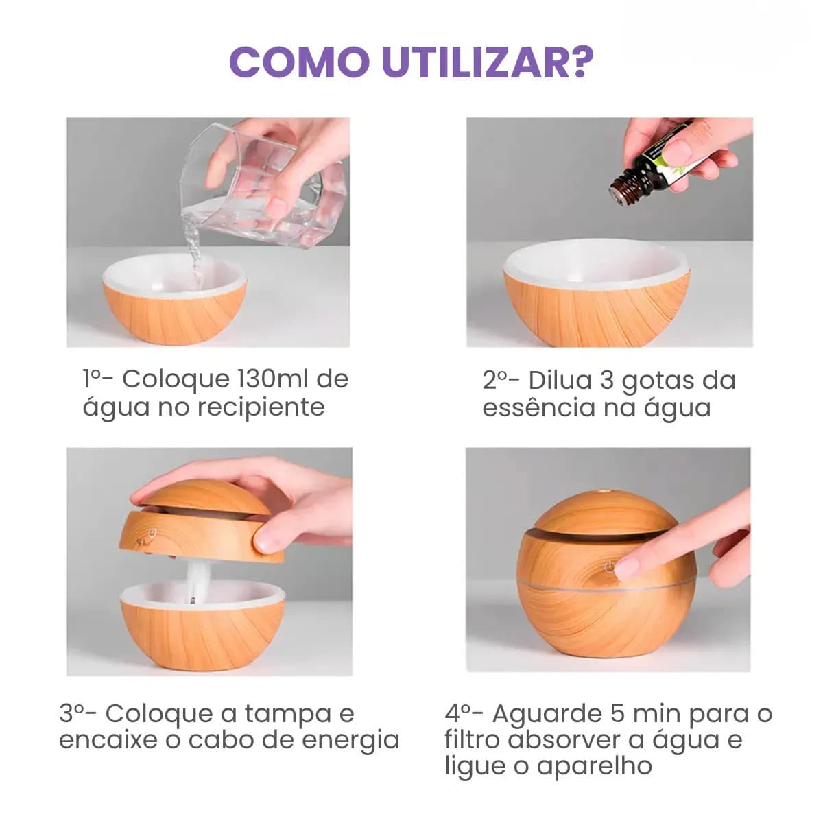 Difusor Aromatizador Elétrico Ultrassônico Kaizu de 130mL USB com Luz Noturna e Essência de Lavanda — imagem 6