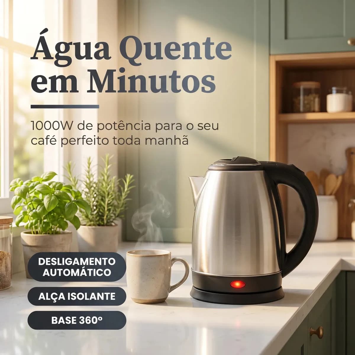 Chaleira Elétrica Inox 1,8 Litros com Desligamento Automático e Base Giratória — imagem 3