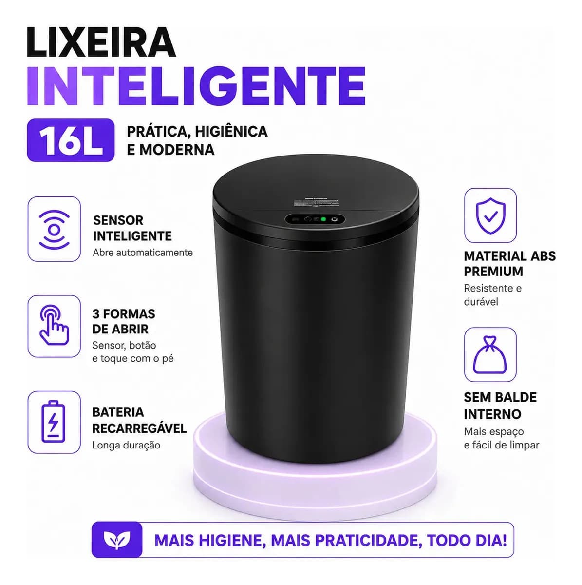 Lixeira Inteligente Automática Redonda Recarregável USB‐C Sensor para Cozinha Banheiro Escritório — imagem 3
