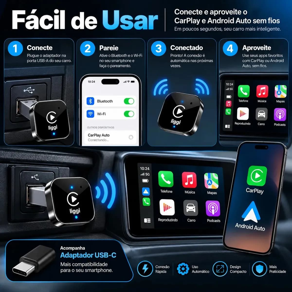 Adaptador CarPlay Sem Fio Android Auto 2 Em 1 USB Wireless Car Play Automático Liggi — imagem 4
