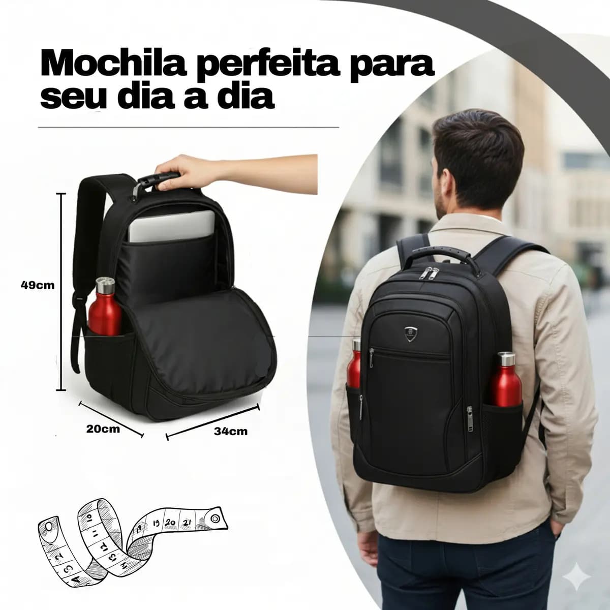 Mochila Masculina Faculdade Impermeável Resistente Grande Trabalho Escola Cor Preto Desenho Do Tecido Liso — imagem 2