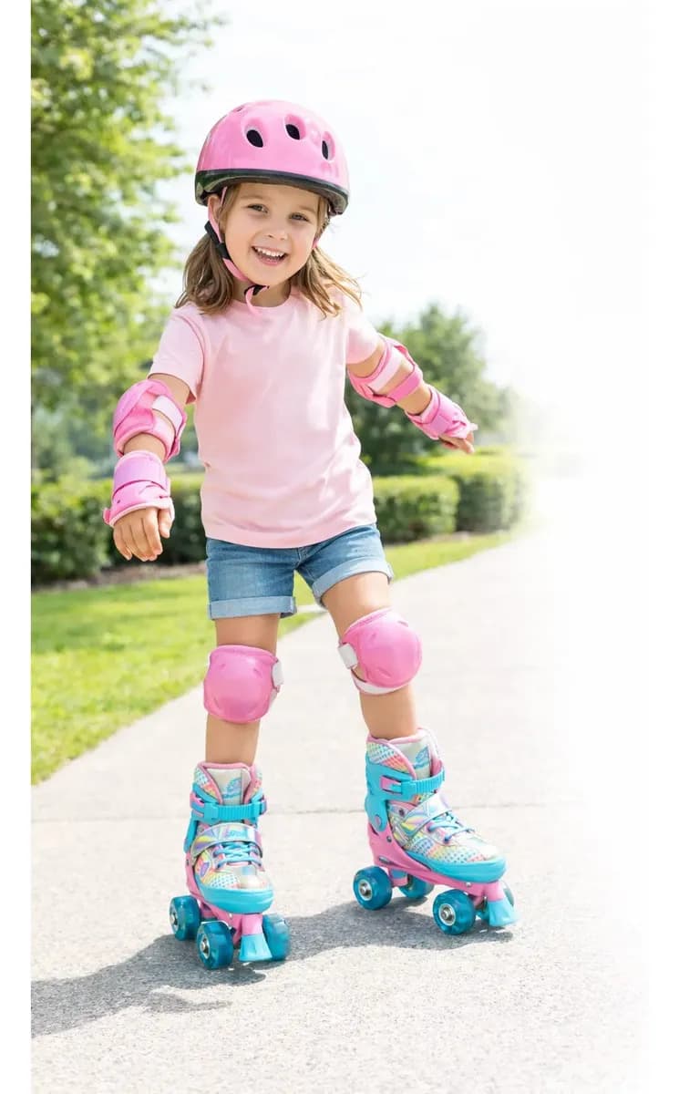 Roller Patins Infantil Rosa 4 Rodas + Kit Proteção Adulto 28-31 Ajustável Rosa/azul Celeste — imagem 2