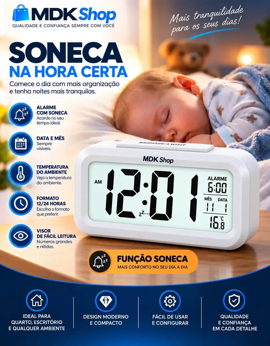 Relógio Digital Mesa Despertador Inteligente Cabeceira Quarto Idoso Com Sensor De Temperatura Micgeek — imagem 5
