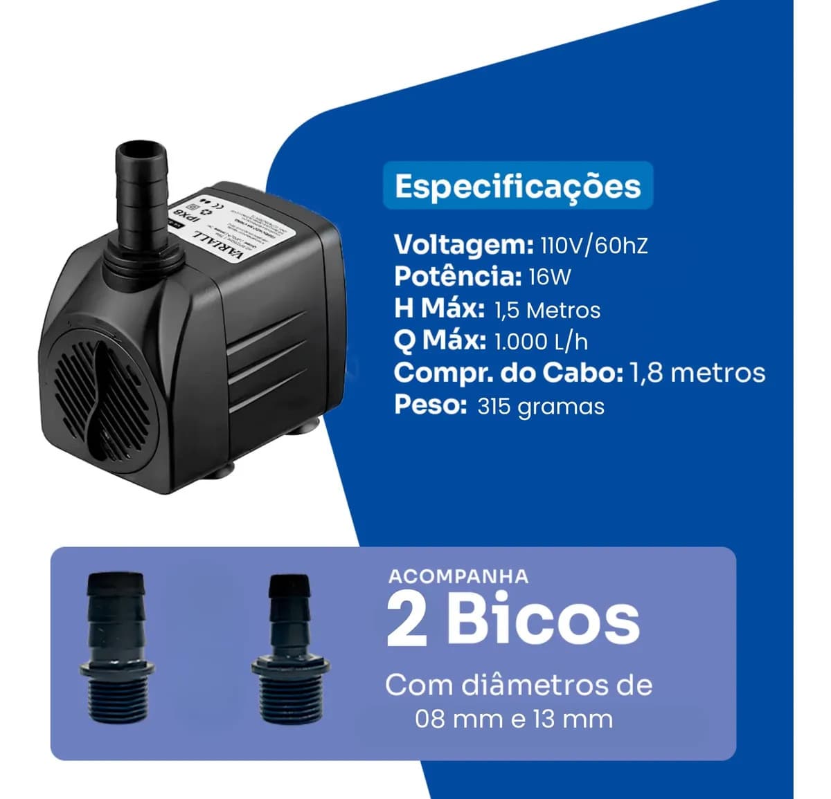 Bomba Submersa 1000 l/h Bombinha 1,5m Lagos Recalque Fontes Aquários Cascata Chafariz Motor Água Doce Salgada Marinho Fonte Hidroponia Aquaponia — imagem 2