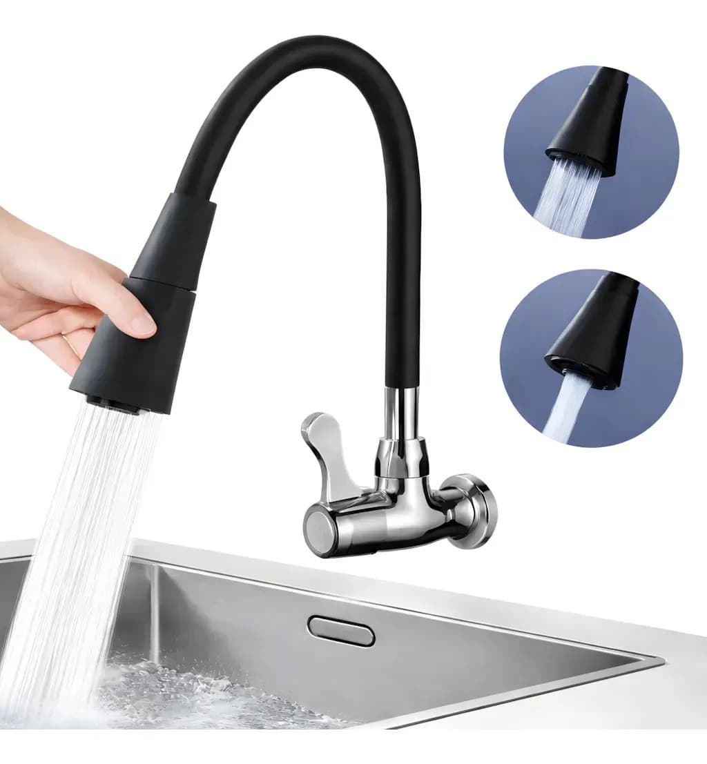 Torneira Gourmet Para Cozinha 2 Jatos Bica Móvel Parede Preta Flexível Jato Cone