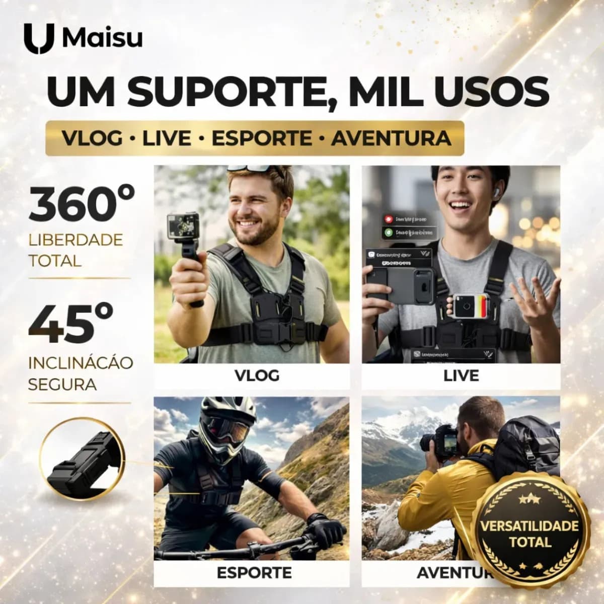 Suporte De Peito Para Celular Câmera Gopro Peitoral Torso Cinturão Ajustável Moto Bicicleta Esporte - U Maisu — imagem 4