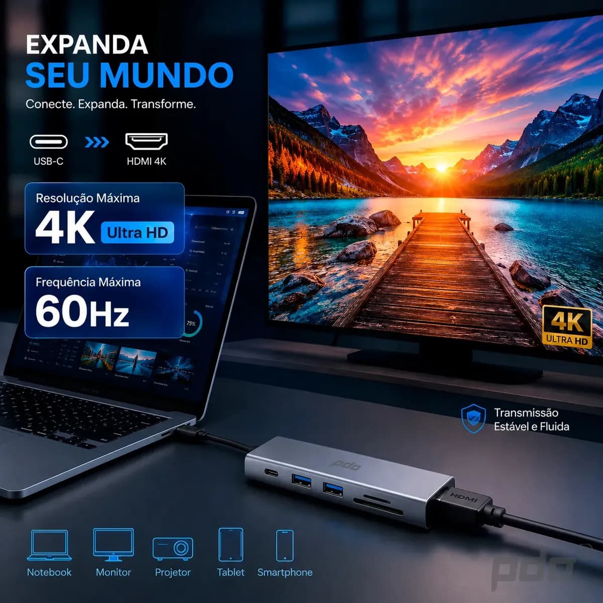 Hub USB-C 6 em 1 PDO com HDMI 4K e 3 Portas USB para Notebook, MacBook e iPad — imagem 5