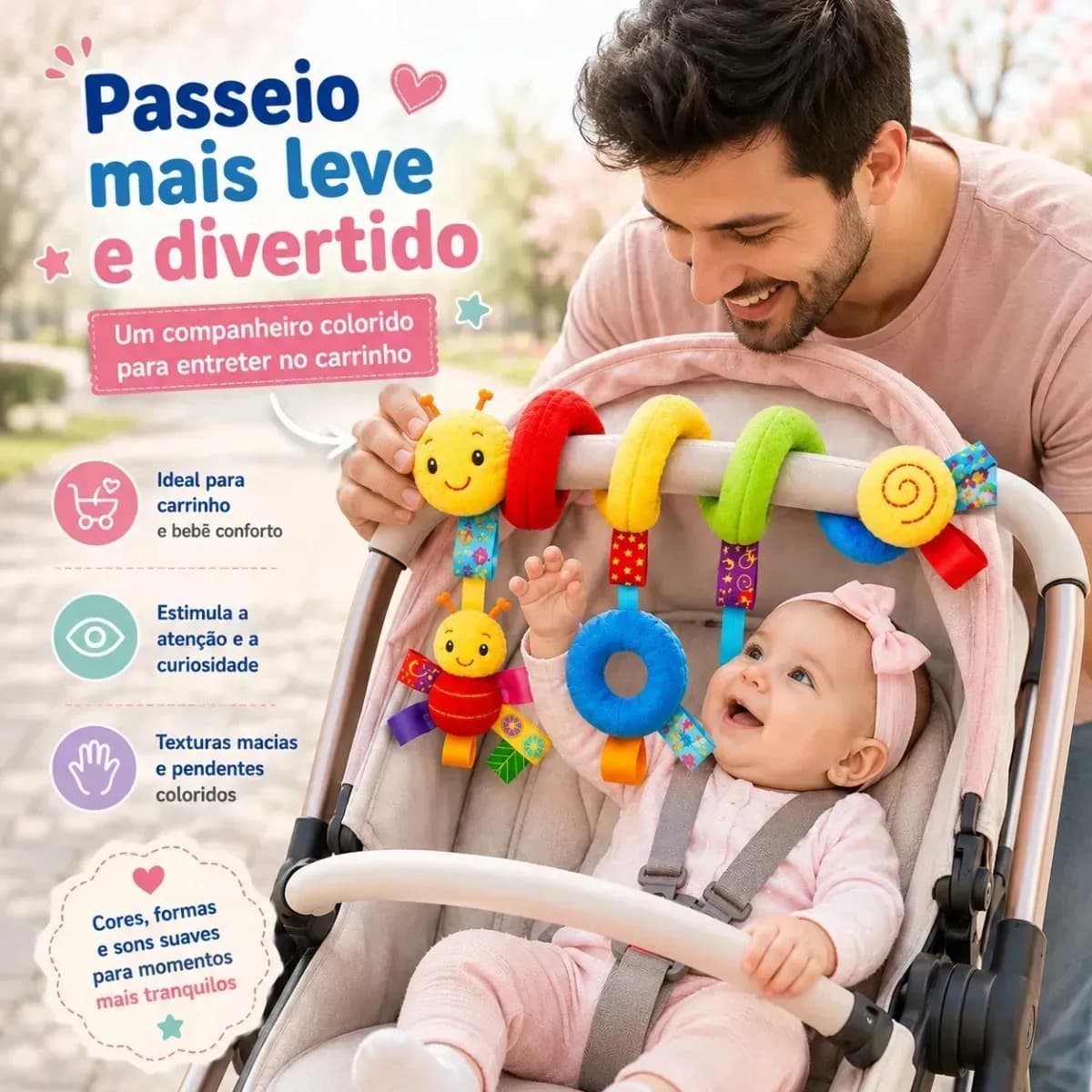 Centopéia Espiral Bichinho Pelúcia Brinquedo Carrinho Berço Bebê Conforto com Chocalho de Pendurar Sensorial Montessori Desenvolvimento Coordenação MLTM ECOM — imagem 4