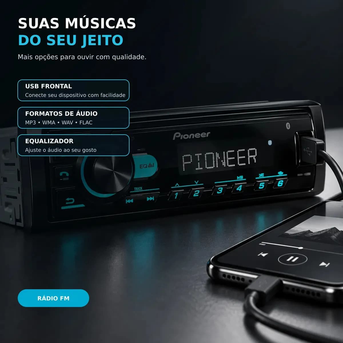 Rádio Pioneer Bluetooth 5.4 Automotivo MVH-145BR USB MP3 FM FLAC 1 DIN 4x23W RMS — imagem 3