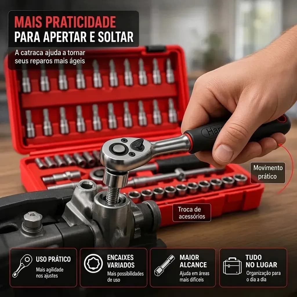 Kit Ferramentas 46 Peças Com Soquetes e Chaves Para Carro e Casa Hardline Vermelho — imagem 3