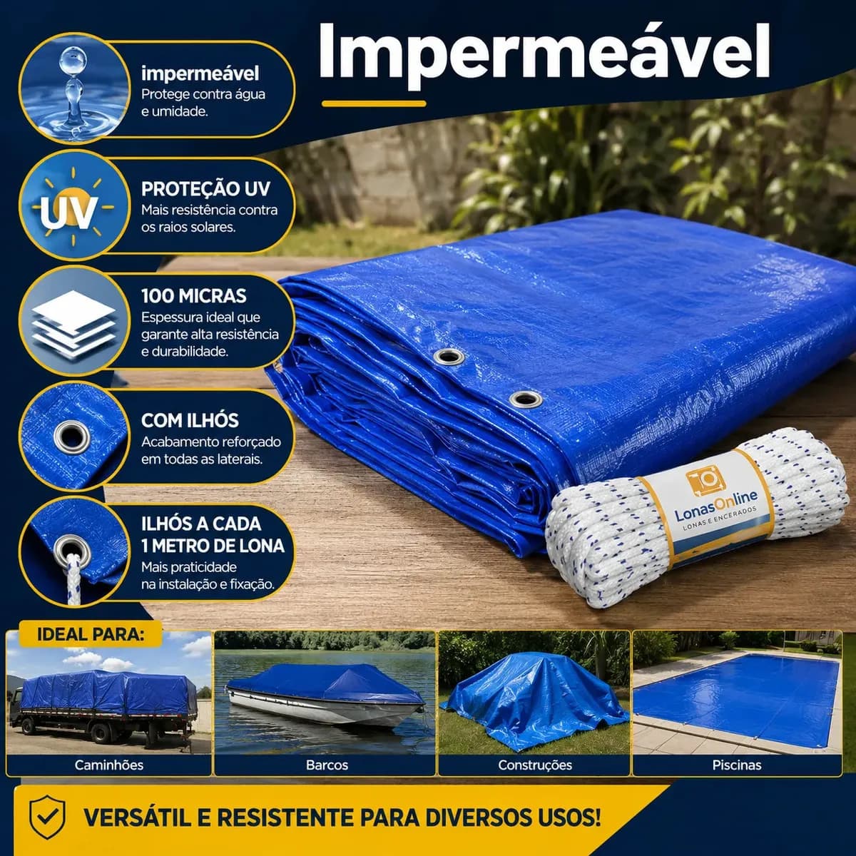 Lona Plástica Azul 5x3 Com Corda Impermeável Reforçada — imagem 5