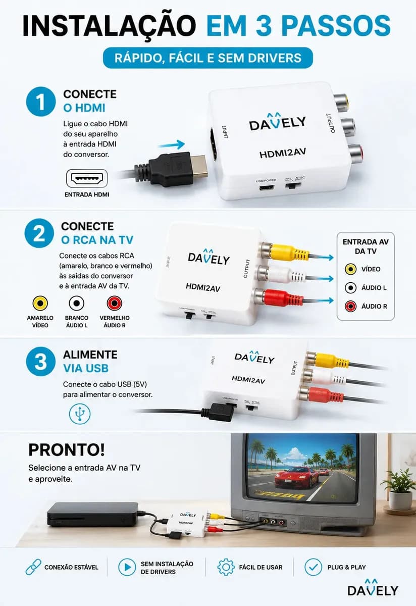 Mini Adaptador Hdmi Para Rca Conversor Full Hd Vídeo Hdmi P/ Vídeo Rca 2av - Conectar Seus Aparelhos Com Saída Hdmi Em Sua Tv - Converter Qualquer Sinal Hdmi -  — imagem 4