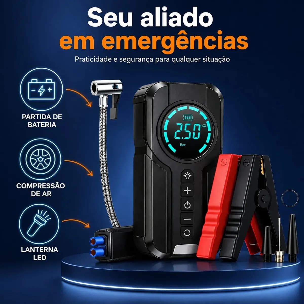 Auxiliar de Partida Bateria e Compressor de Ar Portátil 6 em 1 Inteligente para Carro, Moto e Bicicleta com Lanterna e Power Bank — imagem 2