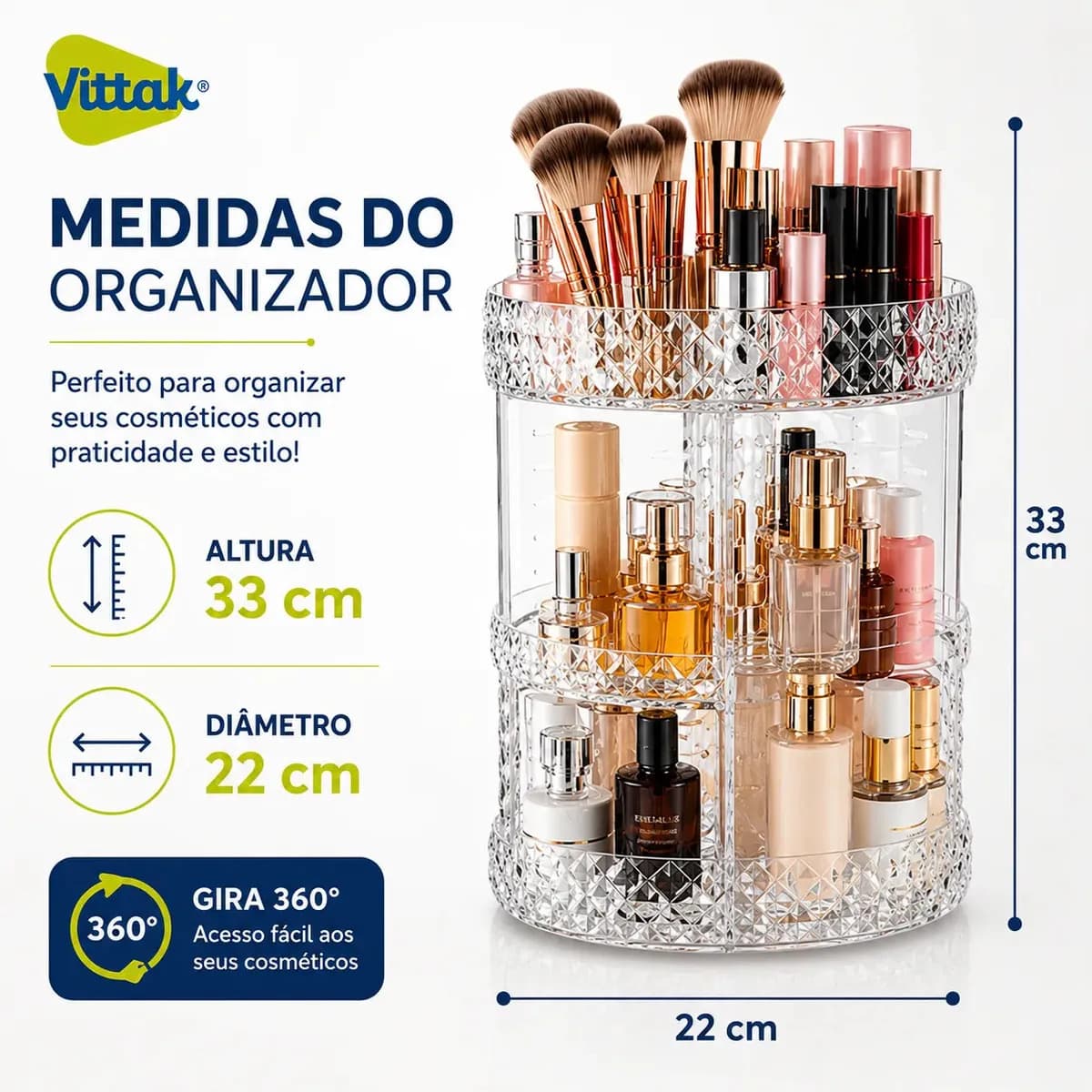 Vittak Organizador Maquiagem Cosméticos Batom Acrílico Giratório 360º Ajustável — imagem 3