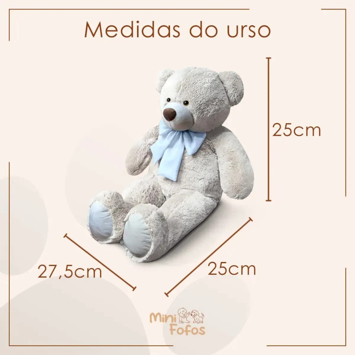 Urso De Pelúcia Teddy Bear Grande Com Laço 50cm Antialérgico Cor Baunilha com Azul Bebe — imagem 5