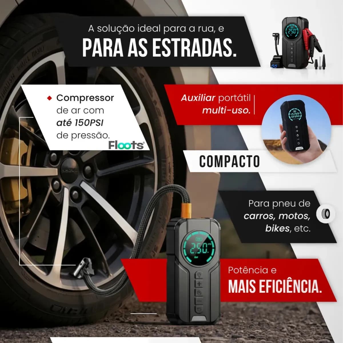 Auxiliar de Partida Carregador Bateria Com Compressor de Ar Emergência Portátil Veicular Floots Automotivo — imagem 2