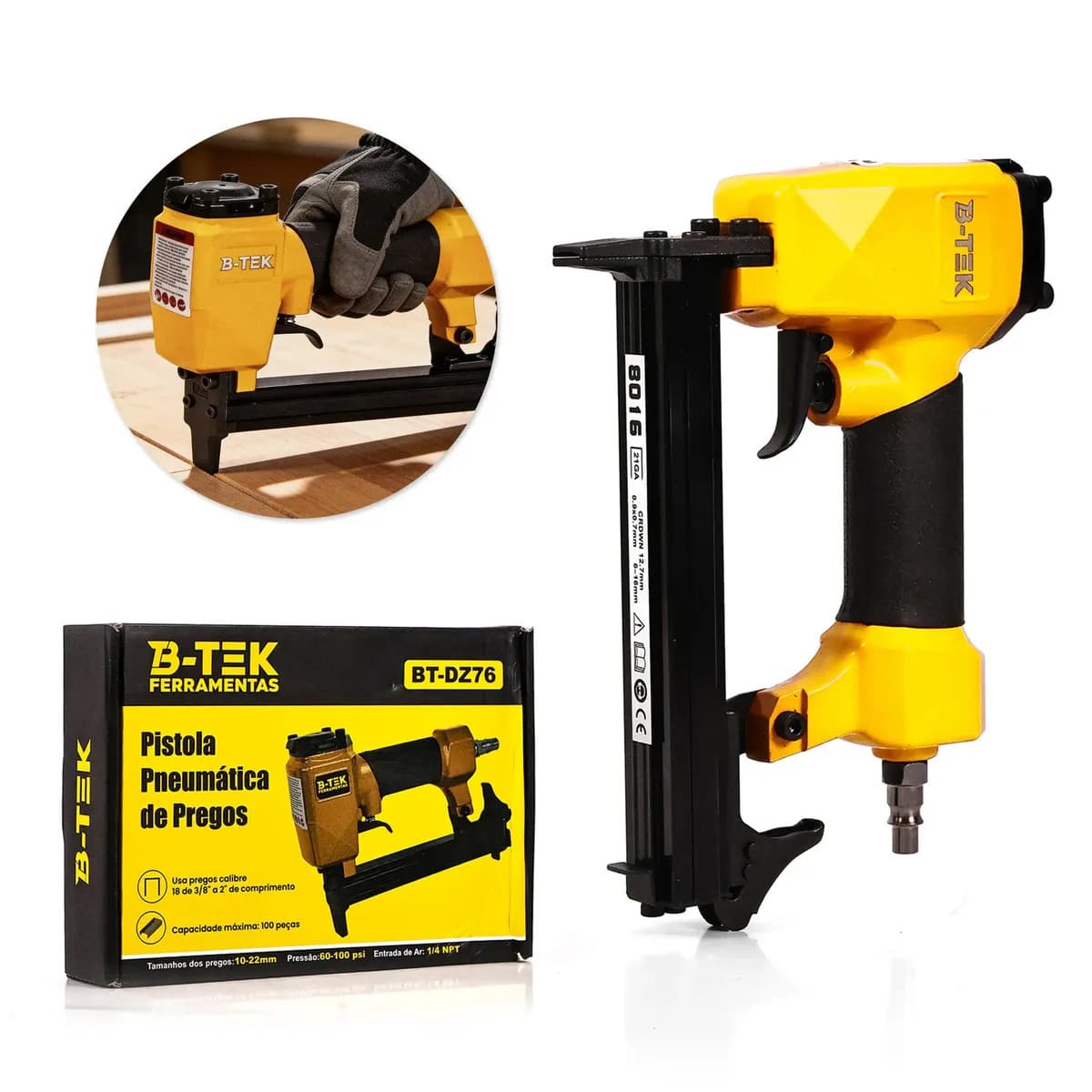 Grampeador Pinador Pneumático 2 em 1 B-TEK DZ-76 Grampo 80/16 e Pino 18GA de 6 a 16mm Tapeceiro Pregar Sofá Estofado Madeira MDF Rodapé Pistola de Pregos Ar Com