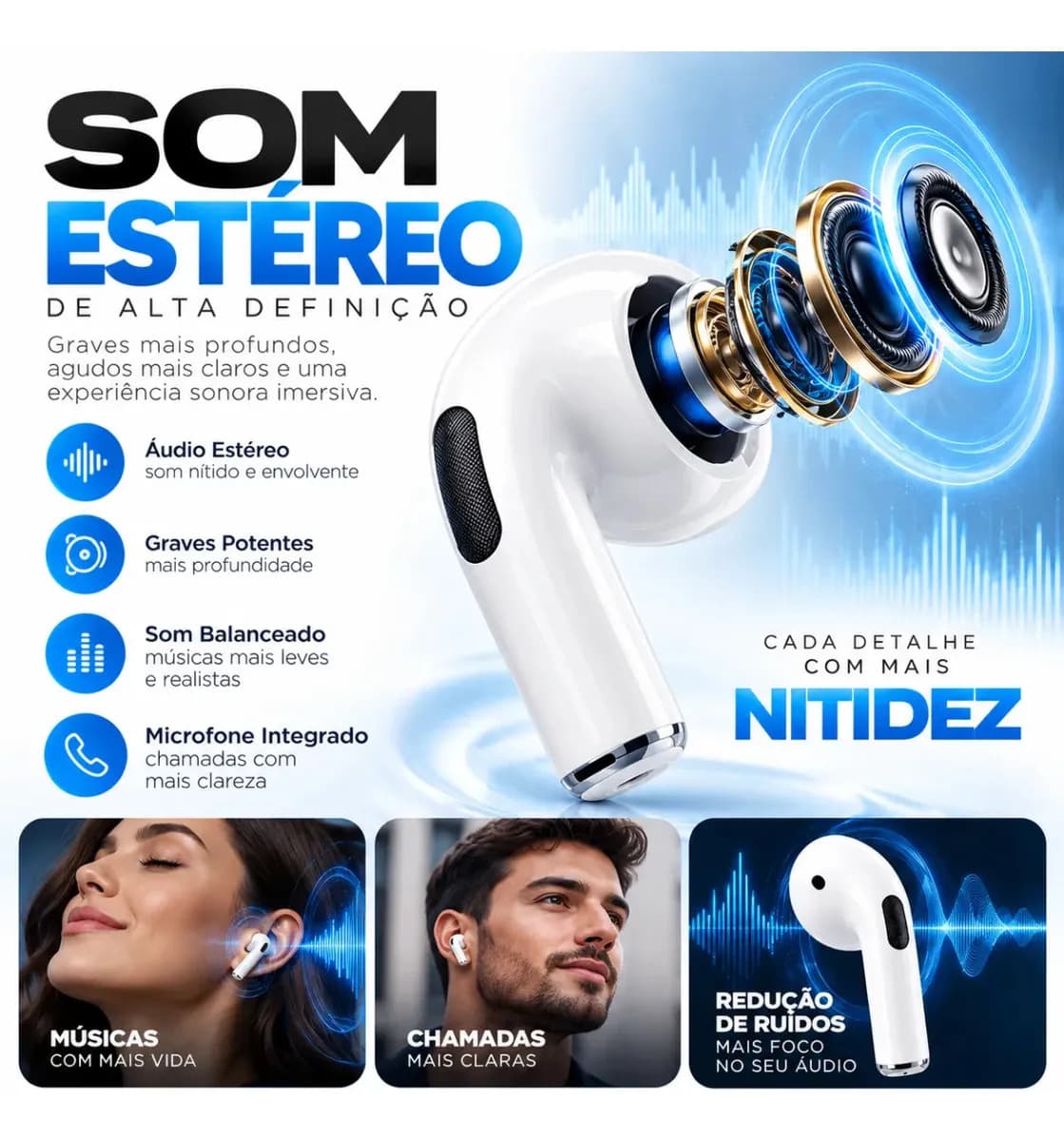 Fone De Ouvido Bluetooth Bateria de Longa Duração Pro 4 Branco Conecta Rápido Fast Plug Com Case Carregador E Microfone — imagem 4