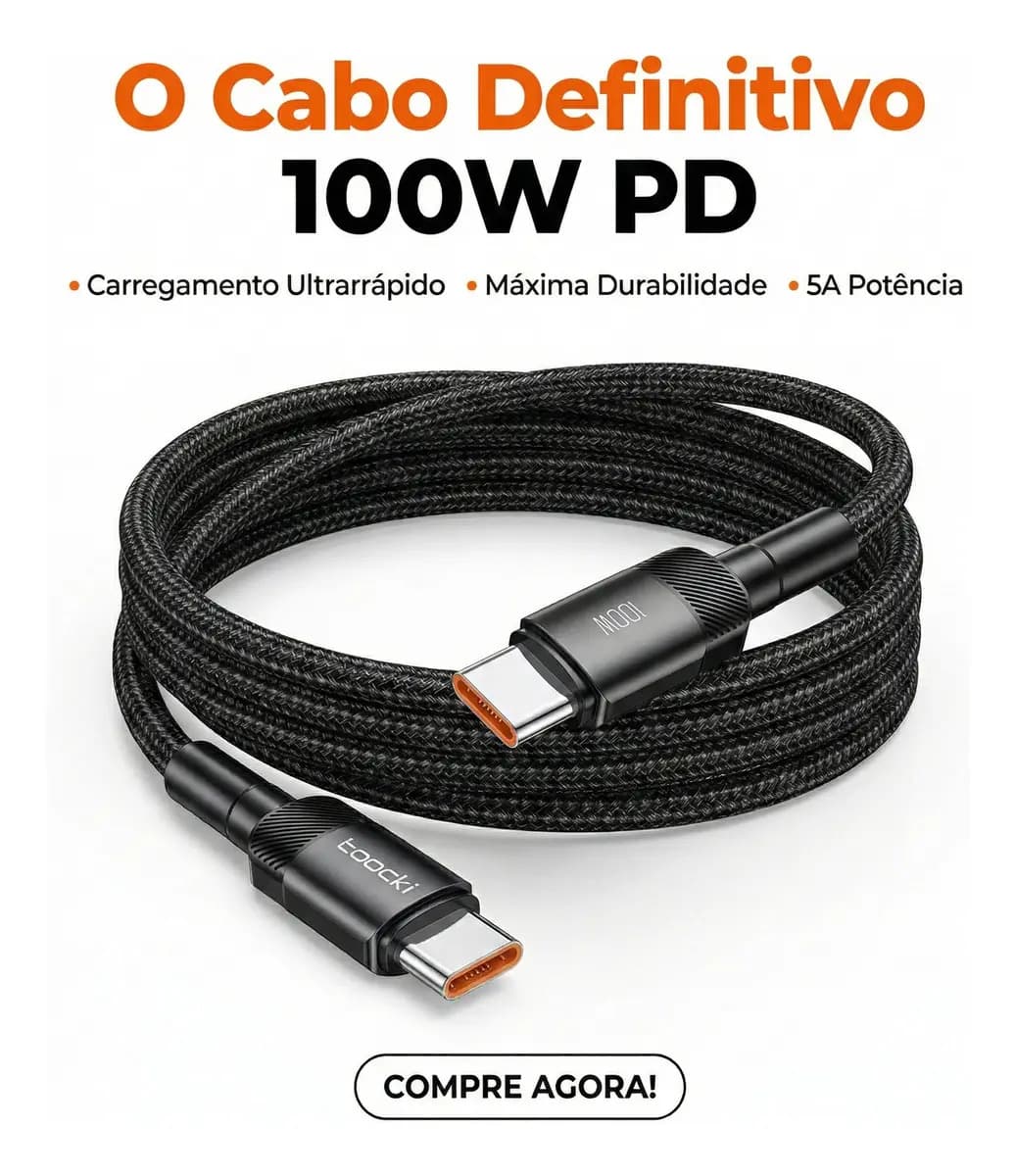 Cabo Toocki USB-C para USB-C 100W 3 Metros PD 3.0 Carregamento Rápido — imagem 5