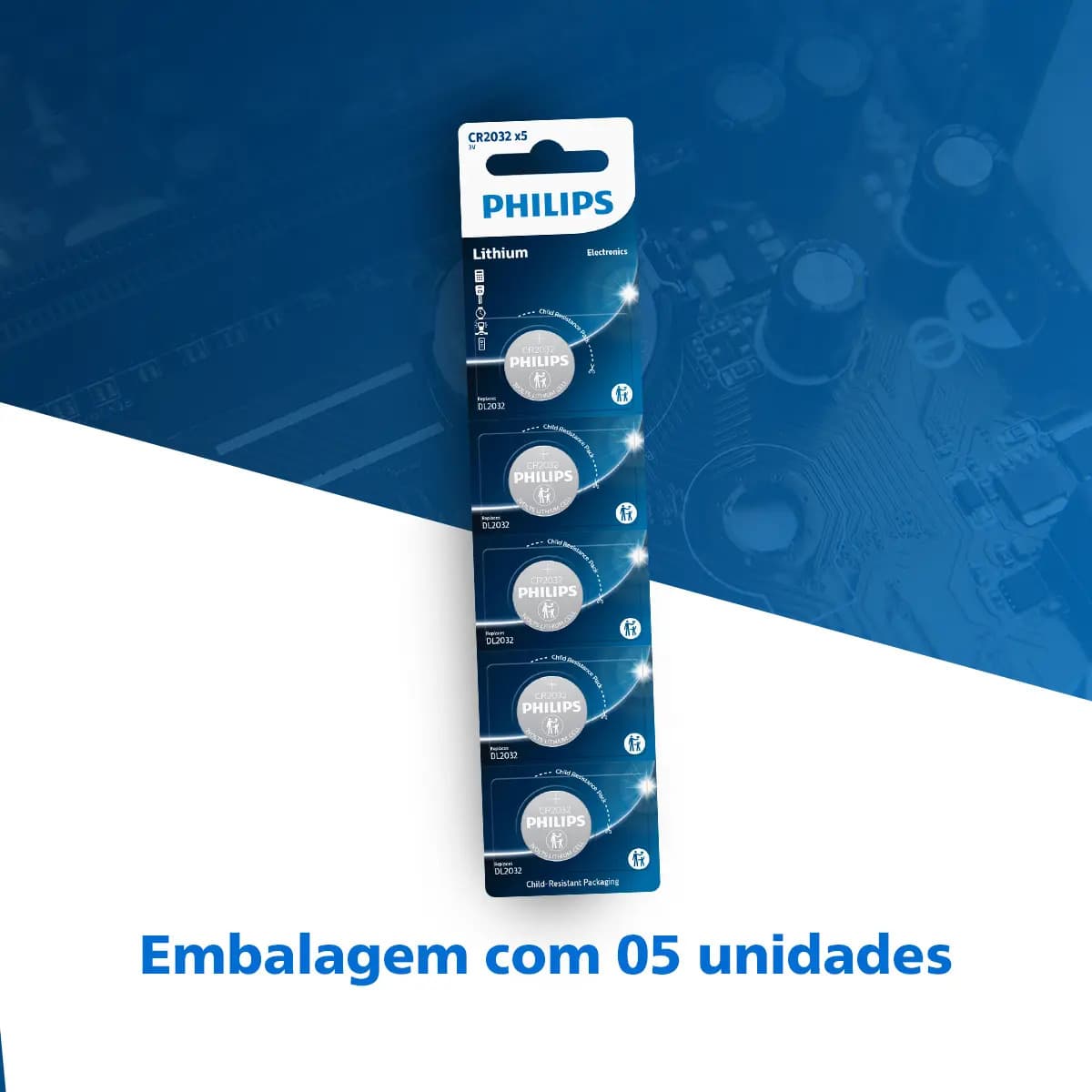 05 Baterias Pilha CR2032 3V Philips CR2032P5B/59 Moeda 1 Cartela — imagem 2