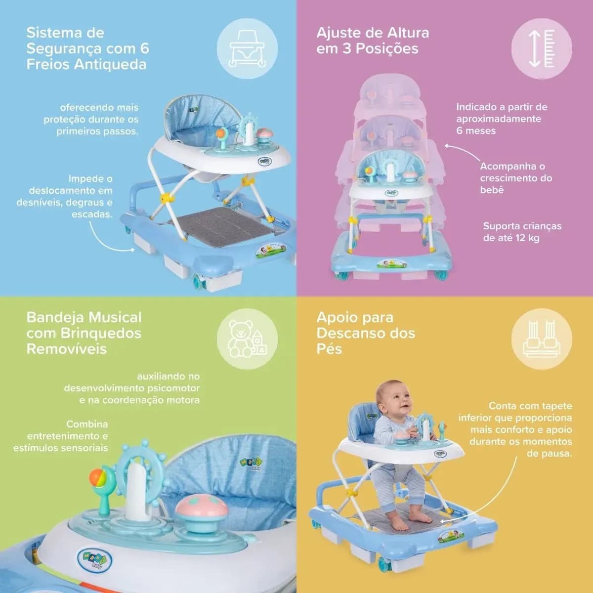 Andador Infantil Musical Para Bebê Empurrador Compacto 3 Ajustes de Altura La Bamba Maxi Baby - azul — imagem 4
