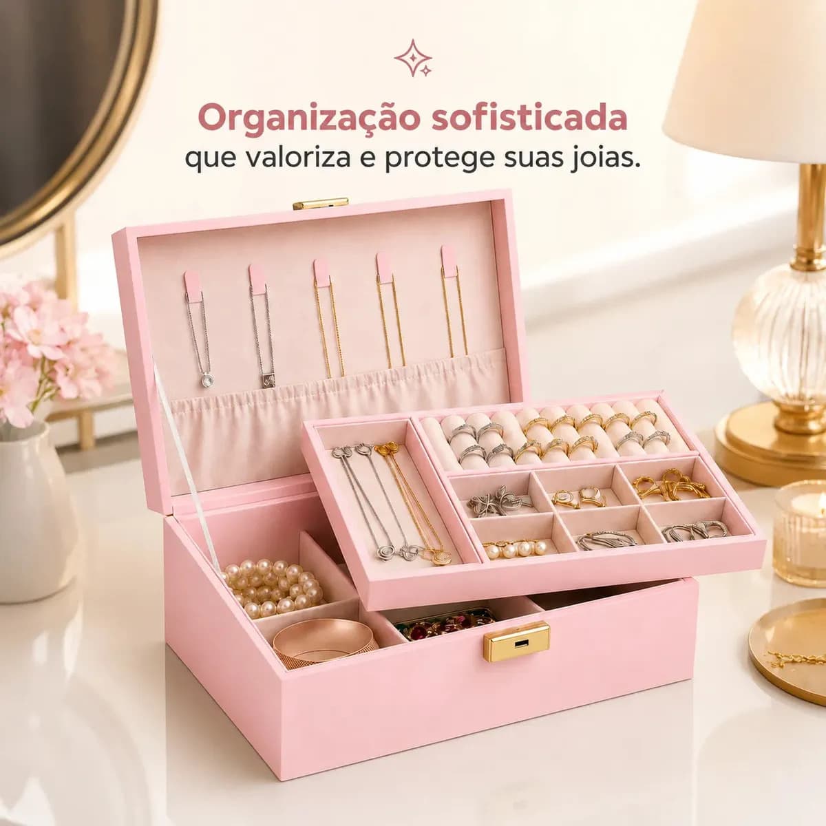 Eps-77777q Maleta Porta Joias Multifuncional Organizador Com Chave Rosa — imagem 2