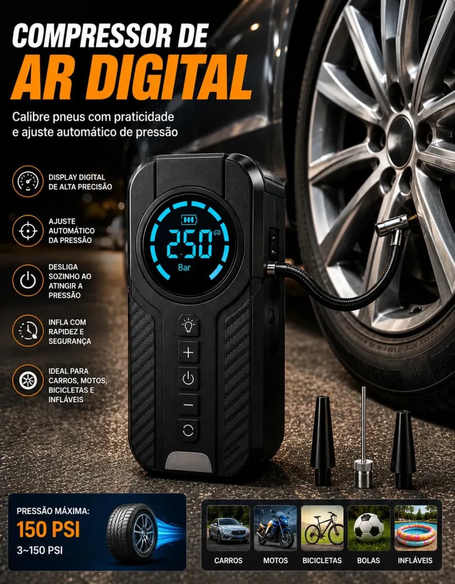Auxiliar De Partida Bateria Carro Compressor De Ar Portátil 12V 4 funções em 1 Inflador Digital Calibrador Pneu Power Bank Lanterna LED Emergência Automotiva Mo — imagem 3