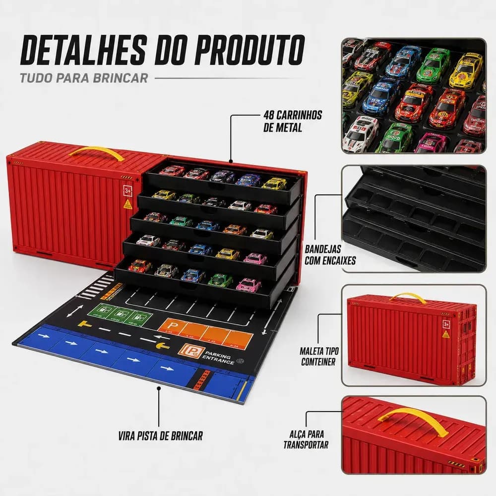 Kit 48 Mini Carrinhos Infantil Colecionador Educativos Com Pista Container Vermelho Liga Metálica Kizumba — imagem 6