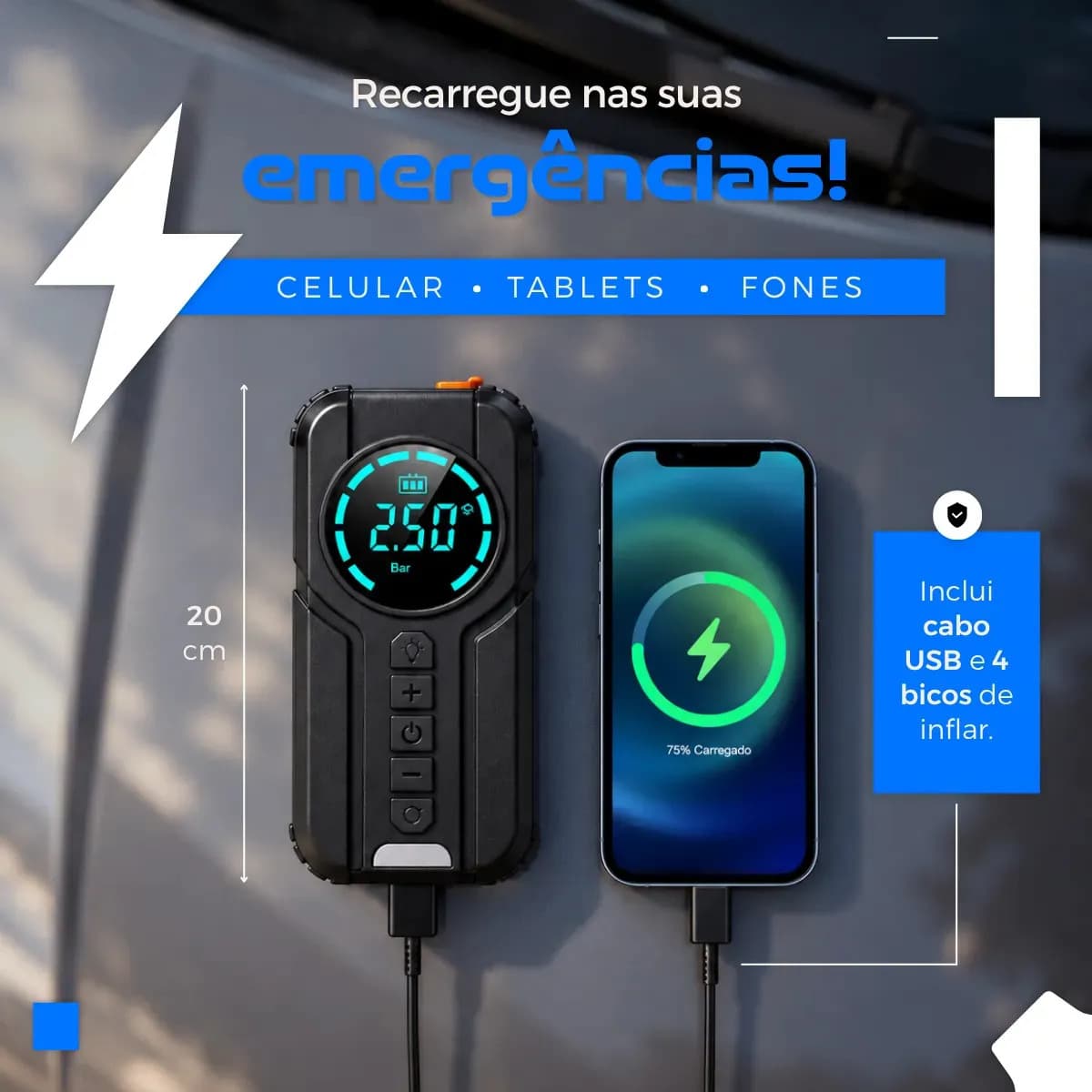 AuxiIiar de Partida Carregador Bateria Com Compressor De Ar Portátil VeicuIar Emergência 6 em 1 InteIigente Digital 12V CaIibrador Pneu Automotivo Lanterna LED  — imagem 6