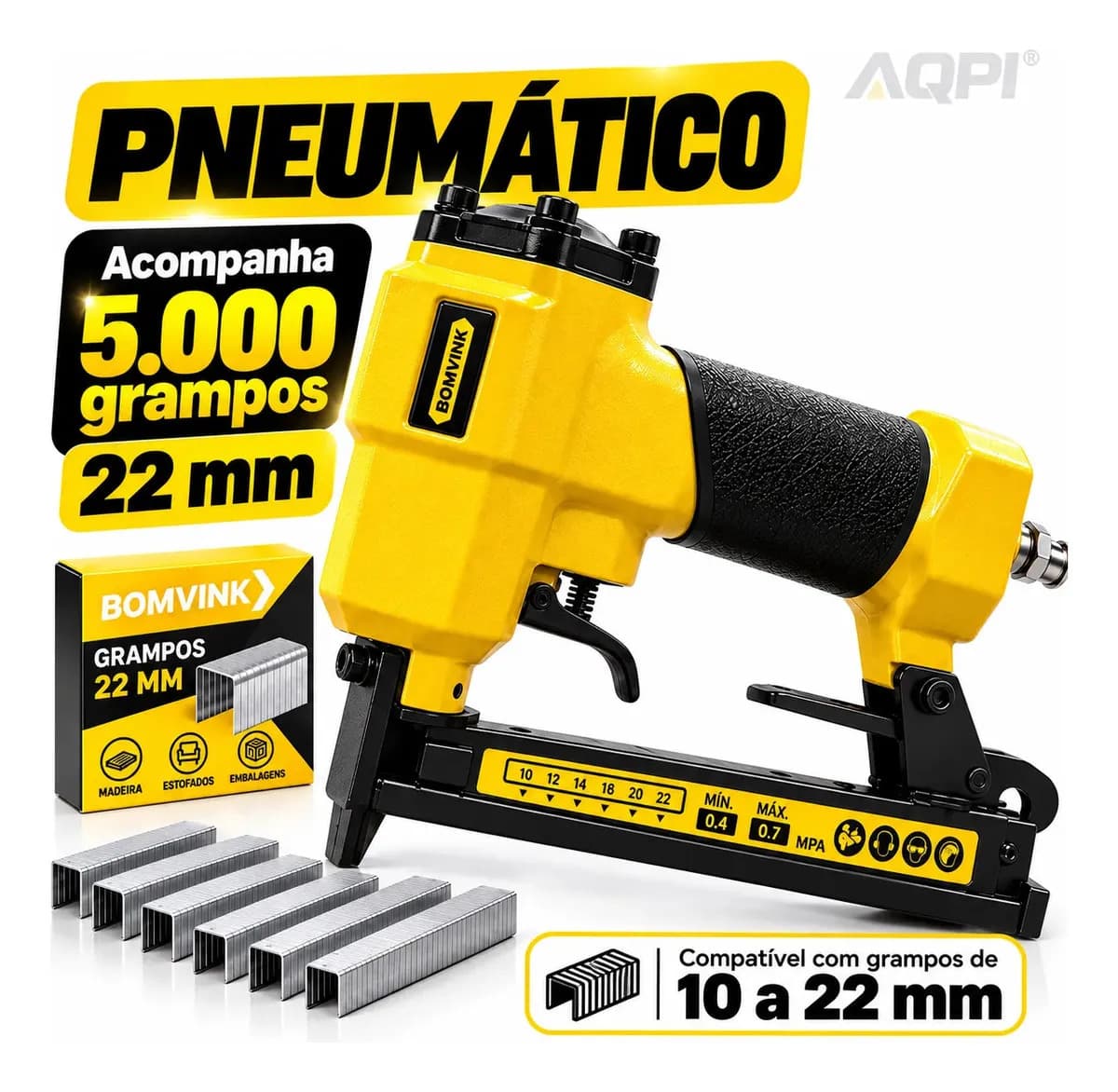 Grampeador Pneumático Profissional com 5000 Grampos 22mm Tipo 80/71 para Tapeçaria Marcenaria Estofados Madeira Móveis Uso com Compressor de Ar Compatível Gramp