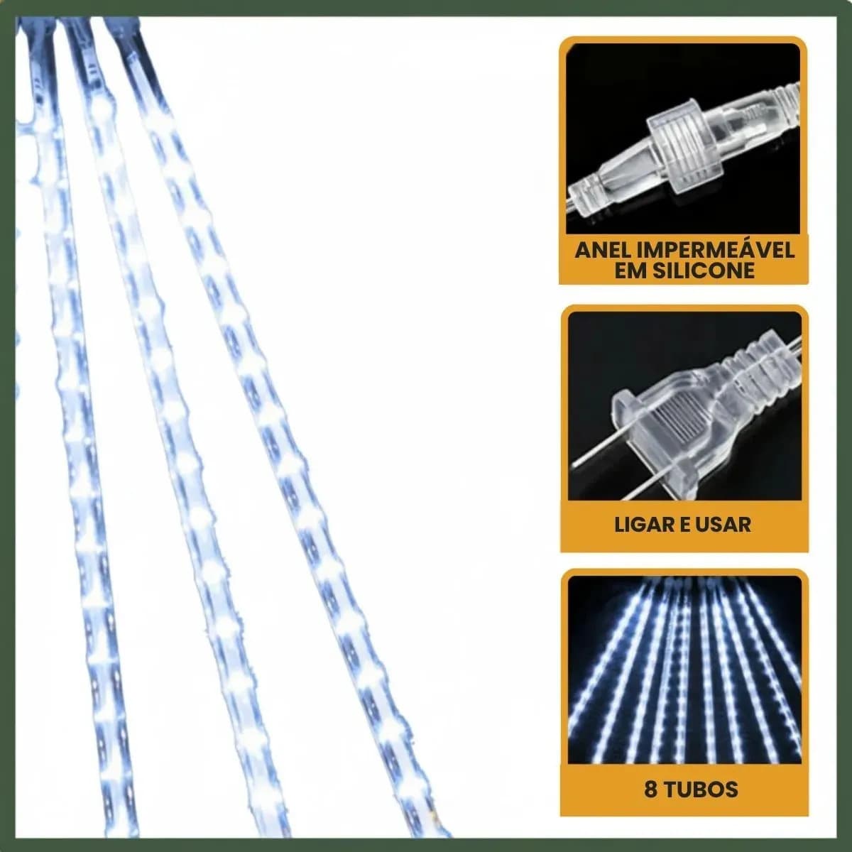 Cascata Meteoro 50cm 8 Tubos Led 3 Metros Bastão Chuva IP65 Decoração Natal Festas Bivolt Cor Branco Frio LuvinCo — imagem 6
