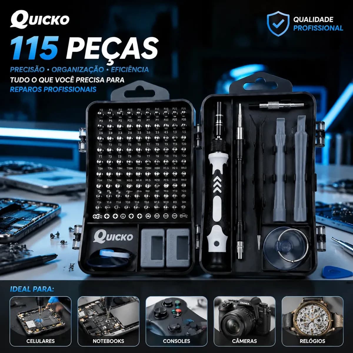 Kit Jogo de Ferramentas Precisão Magnético 115 Peças Quicko para Reparação Kit Completo Para Assistencia Tecnica Celulares Jogo De Chave Abrir Celular Equipamen