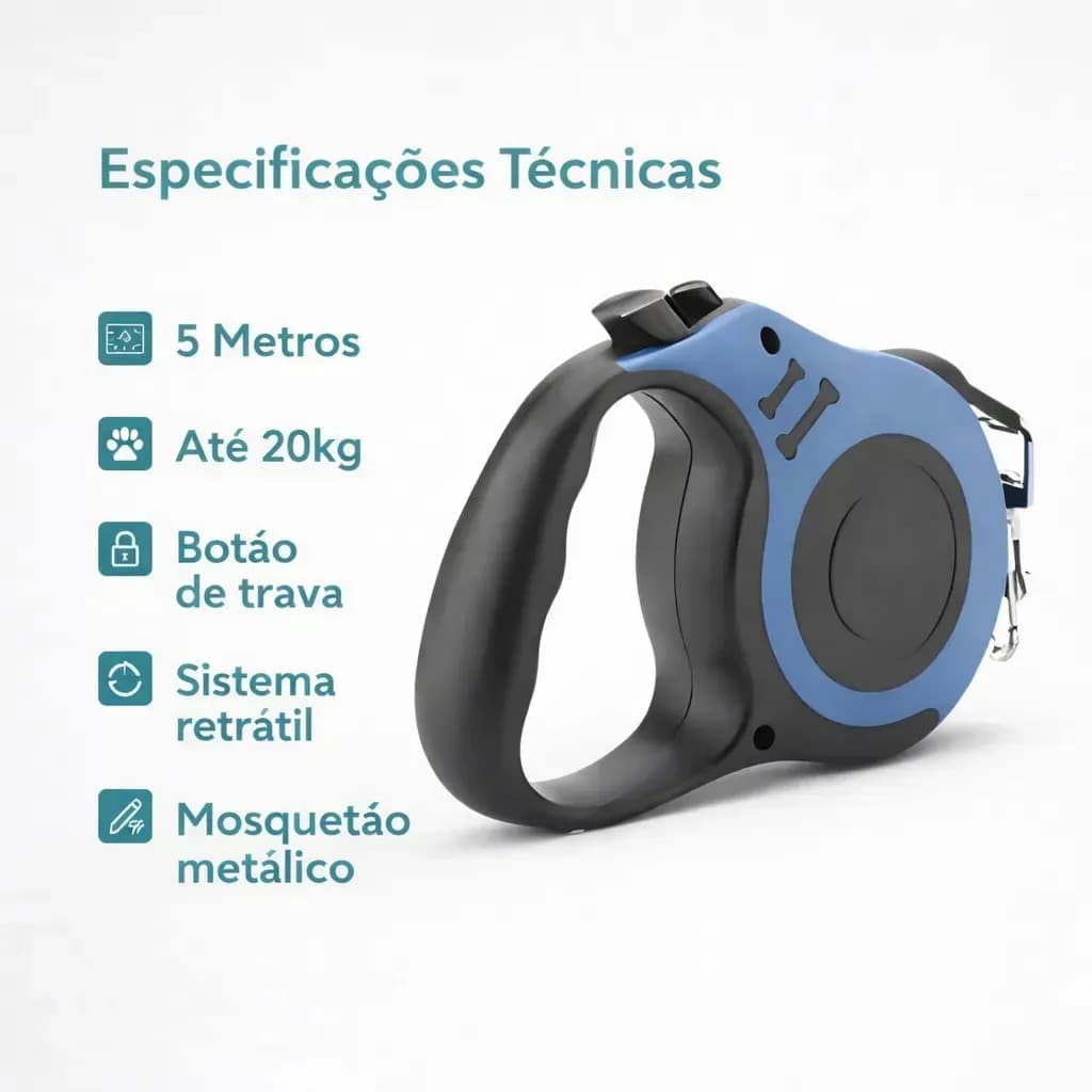 Guia Retrátil para Cães e Gatos de Náilon com Trava de Segurança Reforçada 5 Metros Azul Donna Bolsas — imagem 2