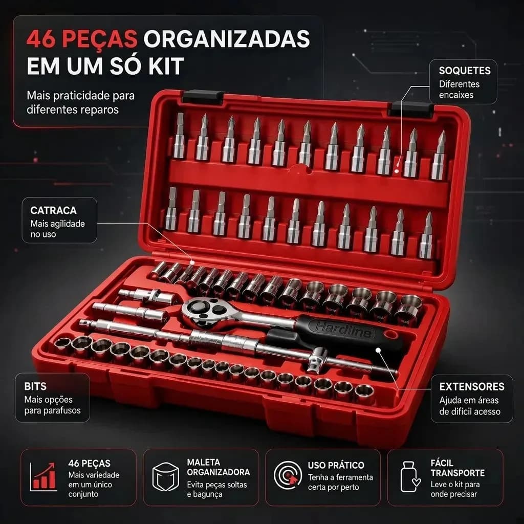 Kit Ferramentas 46 Peças Com Soquetes e Chaves Para Carro e Casa Hardline Vermelho — imagem 5