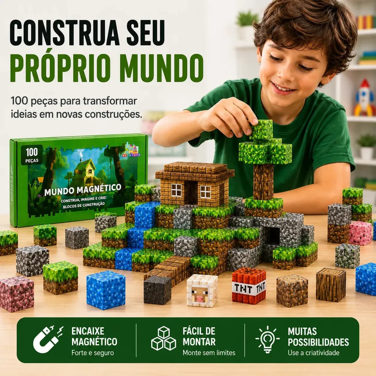 Blocos de Montar Magnético 100 Peças Criativo Mundo De Cubo Construção 3d Infantil Educativo Com Personagens Brinquedo Nanotoyzzz — imagem 6