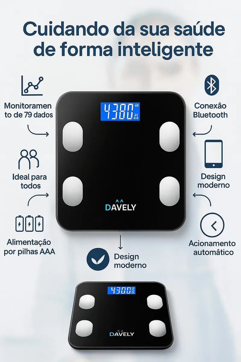Balança Digital Bioimpedância Bluetooth Corporal Aparelho Alta Capacidade Balança De Banheiro Academia App Para Android E Para Ios Cor Preto Marca Davely — imagem 2