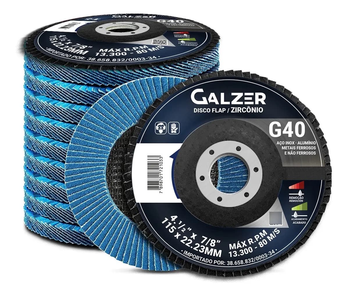 Kit com 10 Discos Flap de Desbaste Galzer para Metal Grão 40