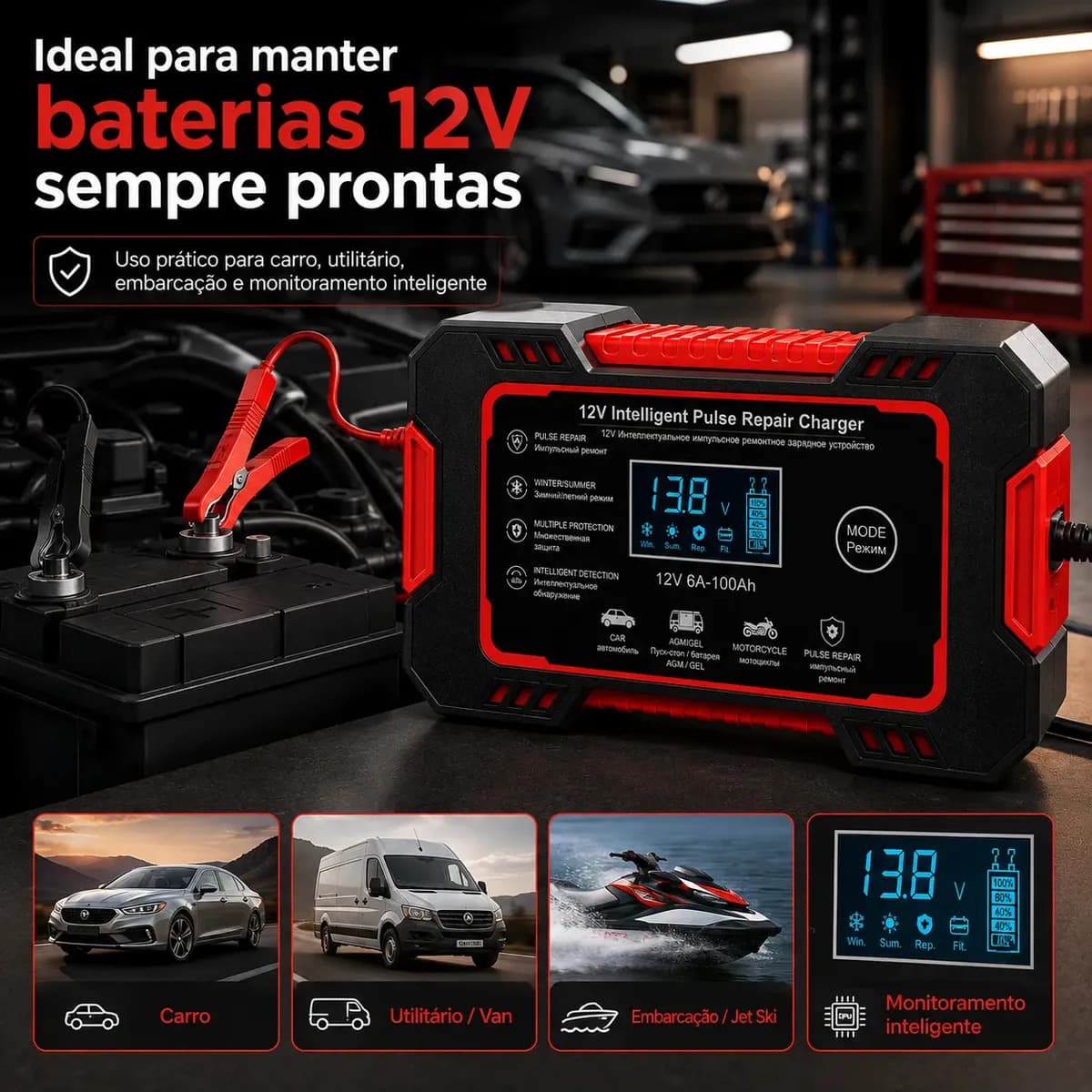 Carregador Inteligente de Bateria Automotiva 12V 6A Bivolt com Display Digital para Baterias 4Ah a 100Ah Carro Moto Utilitário Barco Caminhão Recupera Bateria — imagem 2